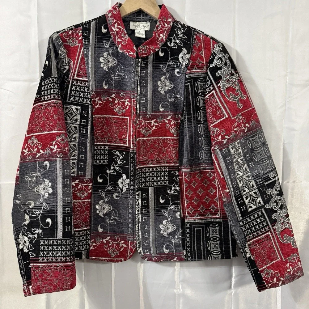 Boho Patchwork Tapestry Jacket Red Black Jacquard Zip Front Y2K Vintage Style‎